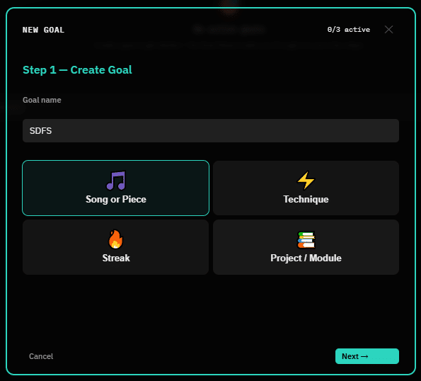 FretRep Goals — new goal wizard