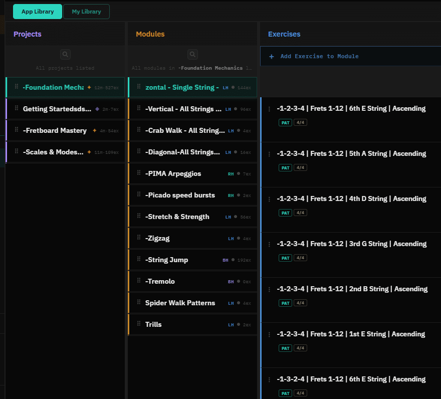 FretRep Library — exercise browser