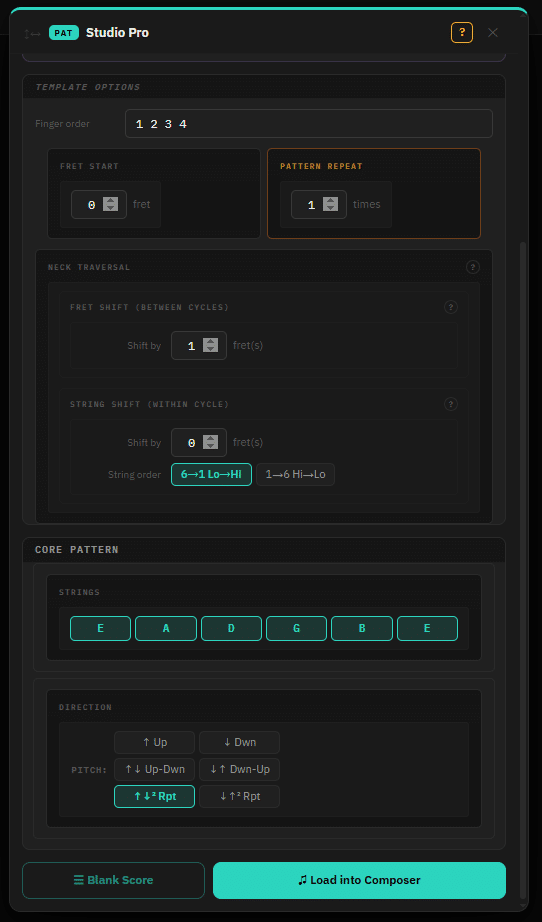 PAT Studio — neck traversal settings